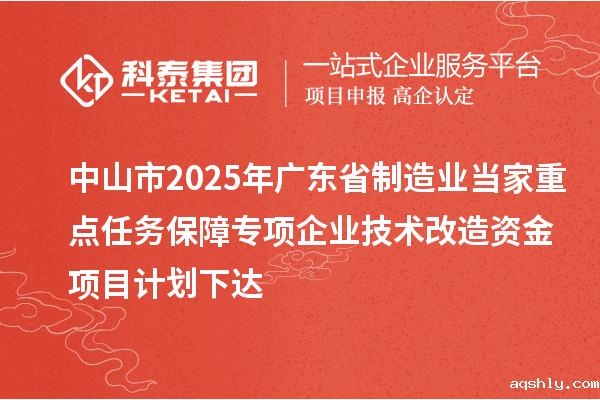中山市2025年广东省制造业当家重点任务保障专项企业技术改造资金项目计划下达