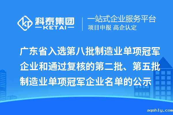 广东省入选第八批制造业单项冠军企业和通过复核的第二批、第五批制造业单项冠军企业名单的公示